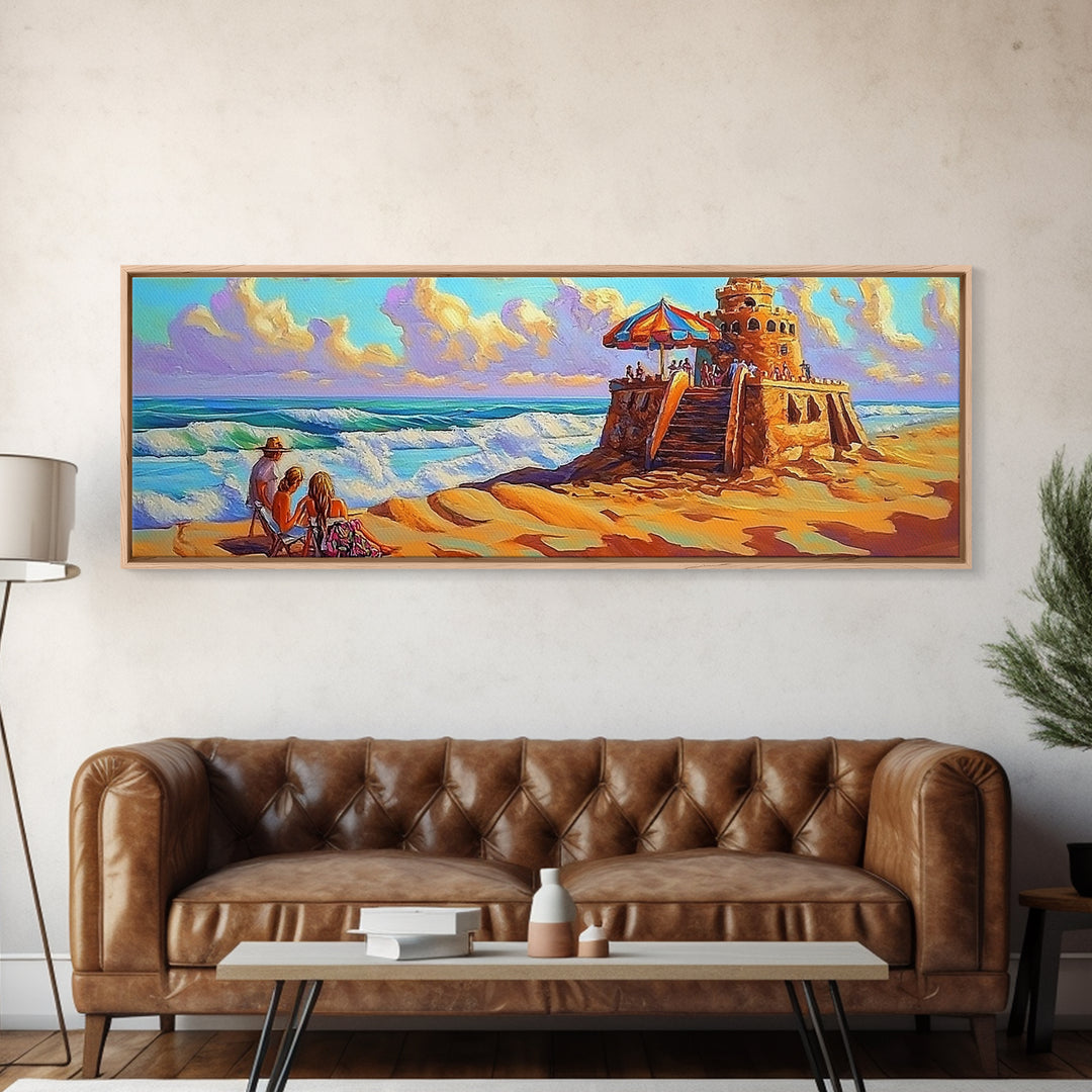 Beach Fortress, Family Fun, Ocean Adventure, Sunny Day Framed Canvas Print, Vacation Memory Wall Art, Playroom Beach Art