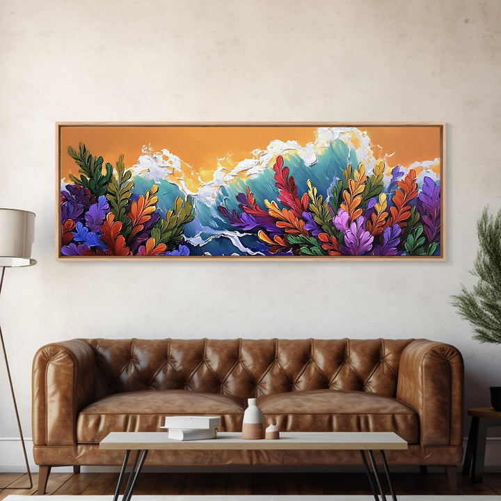 Ocean Blooms, Sunset Waves, Colorful Florals, Seaside Garden, Framed Canvas Print tropical living room wall art, coastal print