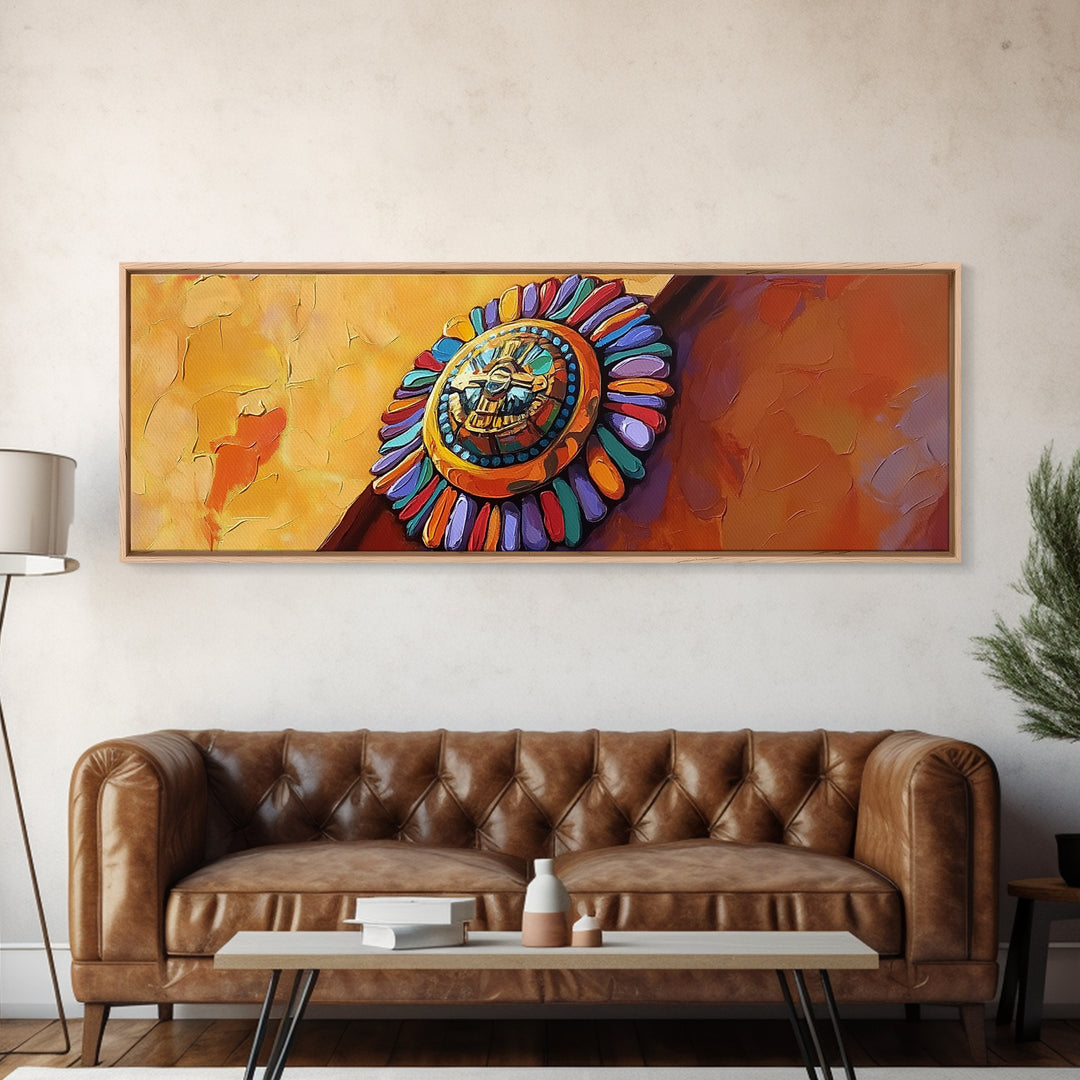 Aztec Sun Symbol, Bold Tribal Accent, Southwest Vibe Art, Native Motif Wall, Framed Canvas Print, Entryway Ethnic Boho Decor