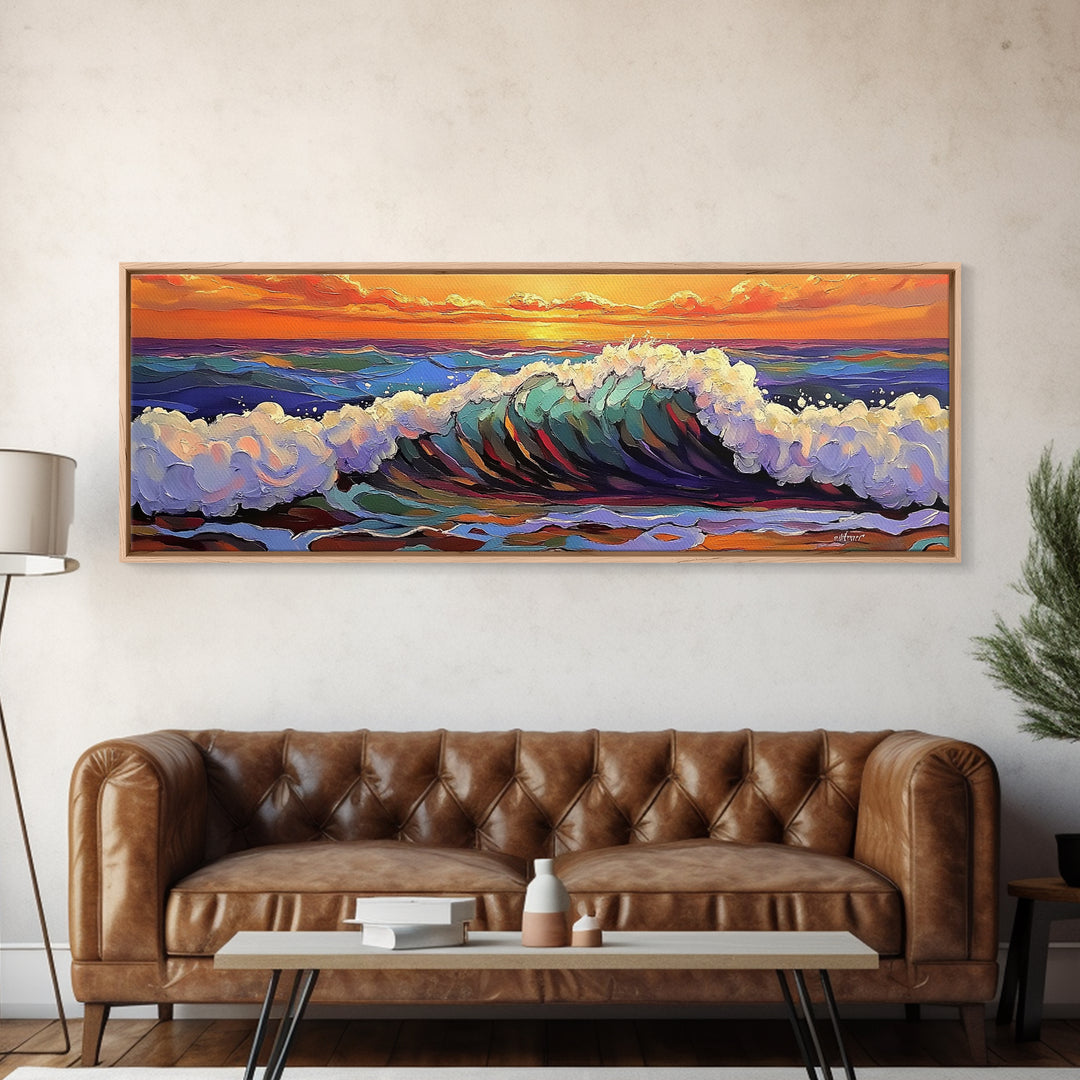Breaking Wave Art, Sunset Ocean Surf, Bold Seaside Motion, Vibrant Coastal Palette, Framed Canvas Print, Bathroom Beach Decor