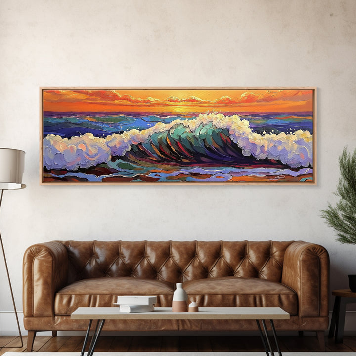 Breaking Wave Art, Sunset Ocean Surf, Bold Seaside Motion, Vibrant Coastal Palette, Framed Canvas Print, Bathroom Beach Decor