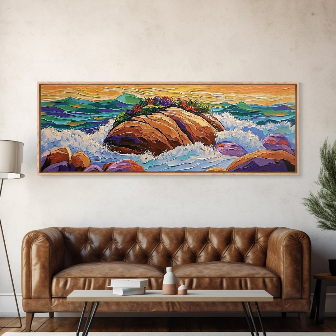 Rocky Shoreline Scene, Vibrant Sea Garden, Coastal Wave Power, Nature Texture Painting, Framed Canvas Print, Ocean Lover Wall Art