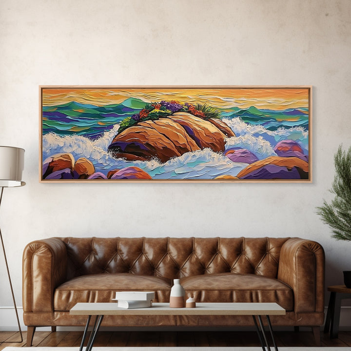 Rocky Shoreline Scene, Vibrant Sea Garden, Coastal Wave Power, Nature Texture Painting, Framed Canvas Print, Ocean Lover Wall Art