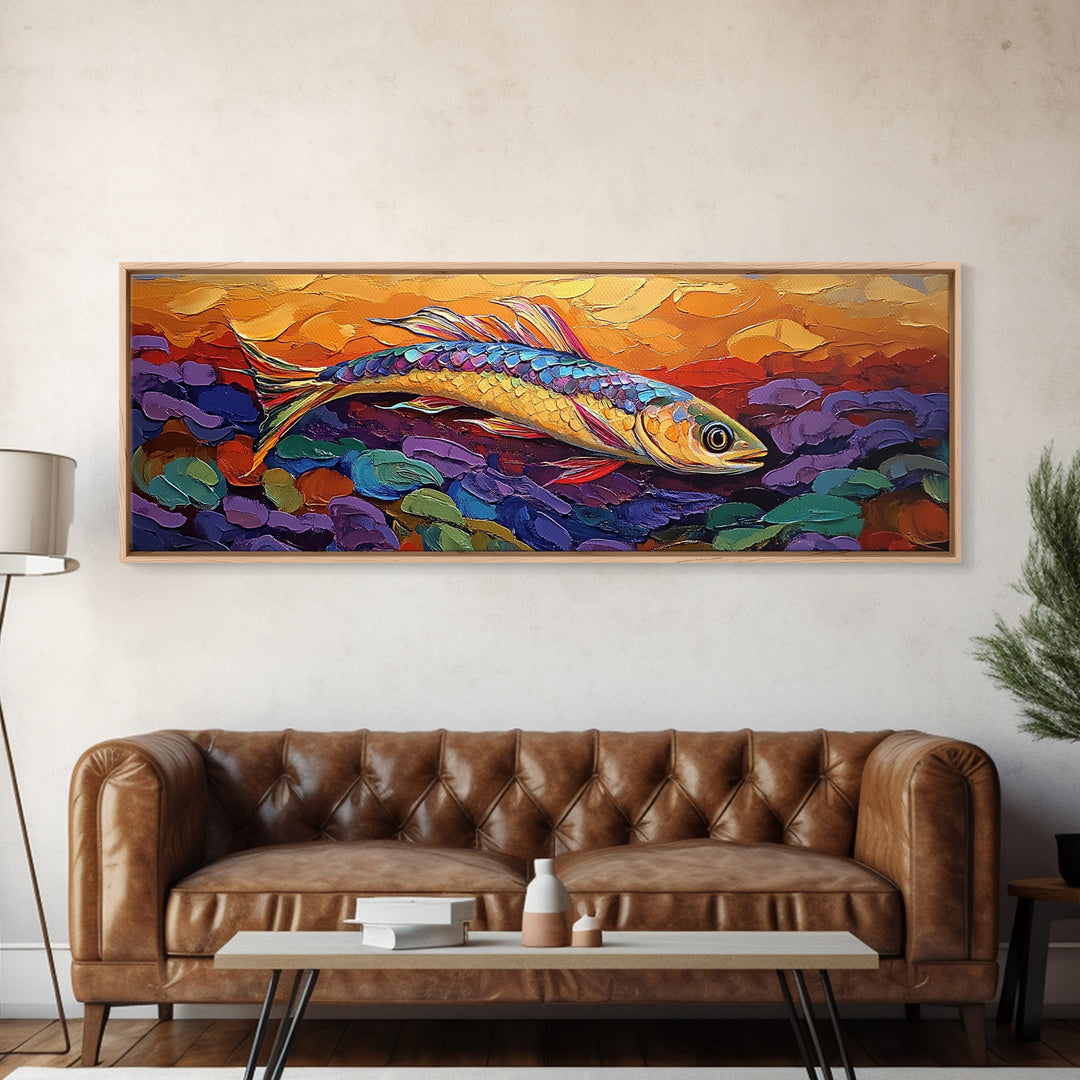 Colorful Fish Painting, Vibrant Sea Life, Abstract Ocean Creature, Marine Fantasy Style, Framed Canvas Print, Kids Room Underwater Art