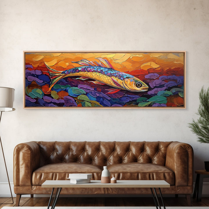 Colorful Fish Painting, Vibrant Sea Life, Abstract Ocean Creature, Marine Fantasy Style, Framed Canvas Print, Kids Room Underwater Art