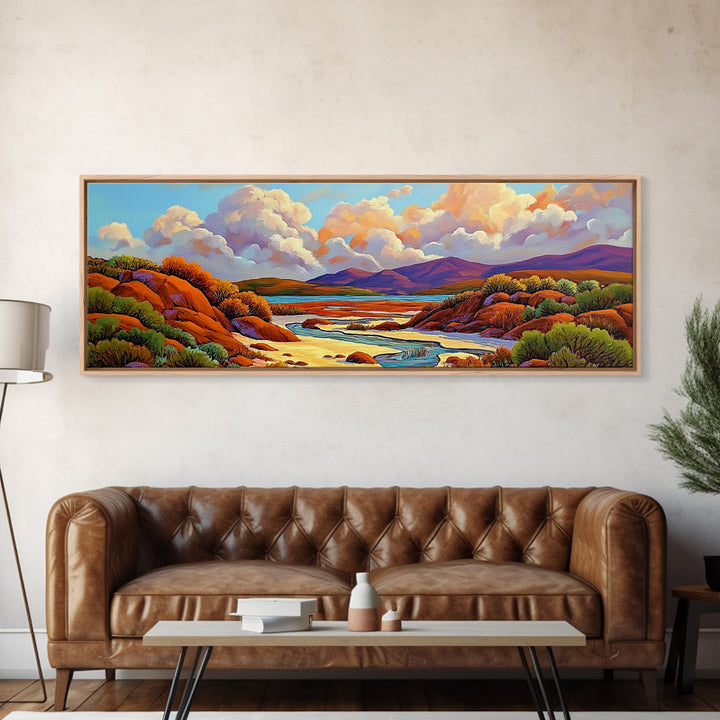 Desert Oasis, Canyon River, Cloudy Sky, Canvas Print, Southwest Landscape Art, Living Room Wall Art, Warm Earth Tone Decor