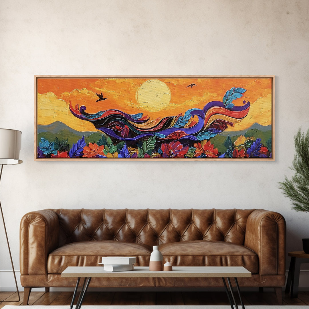 Abstract Bird, Flying Feathers, Bold Sunset, Canvas Print, Vibrant Boho Art, Living Room Statement Piece, Fall Color Palette