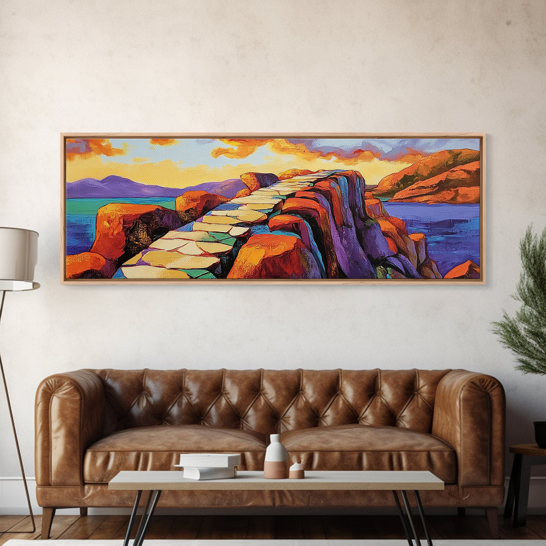 Rocky Coastal Path, Sunset Cliff Art, Vibrant Mountain Scene, Adventure Nature Decor, Framed Canvas Print, Fall Living Room Art