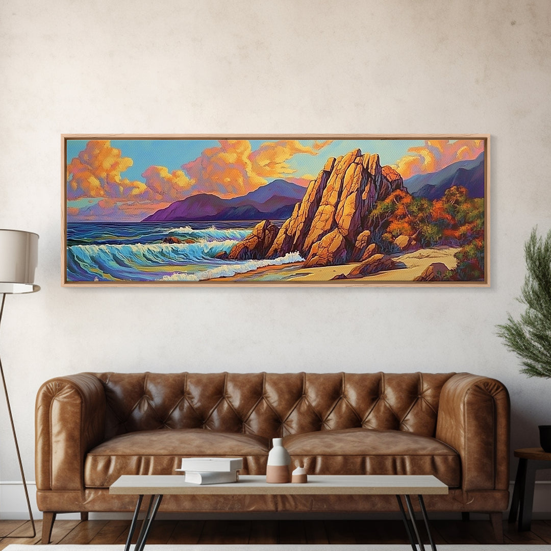 Coastal Rocks, Ocean Cliffs, Sunset Clouds, Canvas Print, Bold Seascape Wall Art, Living Room Fall Decor, Nature Inspired Aesthetic