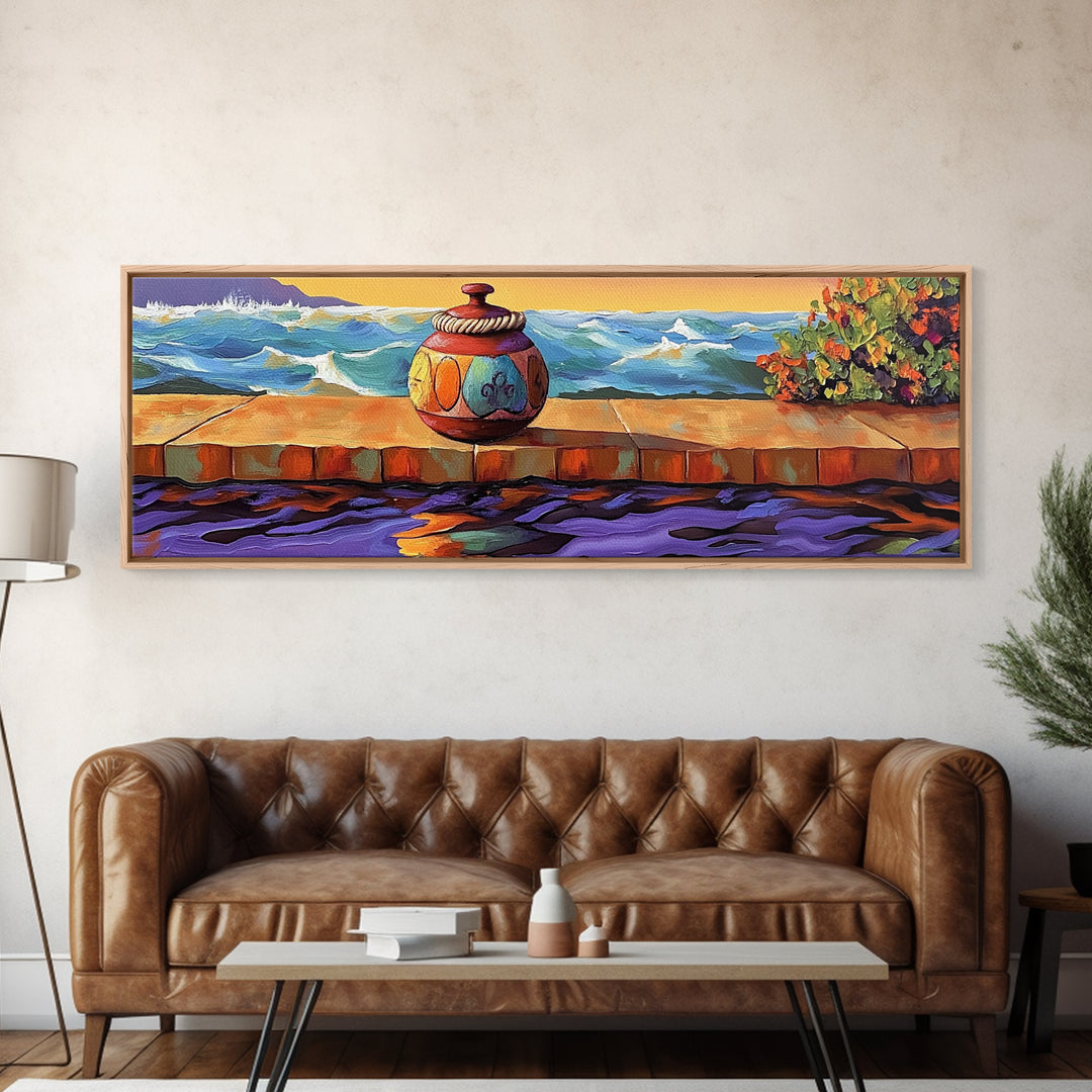 Ocean Vase Scene, Coastal Pottery Painting, Serene Sunset Dock, Beachfront Wall Style, Framed Canvas Print, Nautical Bathroom Art