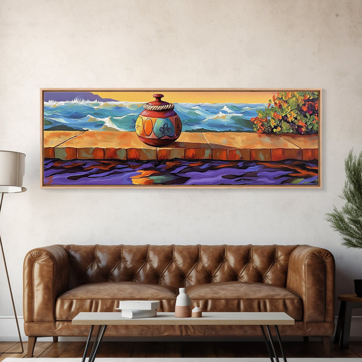 Ocean Vase Scene, Coastal Pottery Painting, Serene Sunset Dock, Beachfront Wall Style, Framed Canvas Print, Nautical Bathroom Art