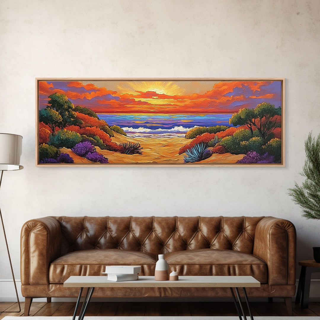 Autumn Sunset Path, Beach Trail Art, Vibrant Landscape, Framed Canvas Print, Fall Home Decor, Coastal Living Room Wall Art, Boho Art