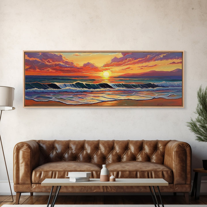Crashing Sunset Waves, Ocean Horizon Art, Coastal Abstract Painting, Framed Canvas Print, Colorful Living Room Wall Art, Beach Vibes