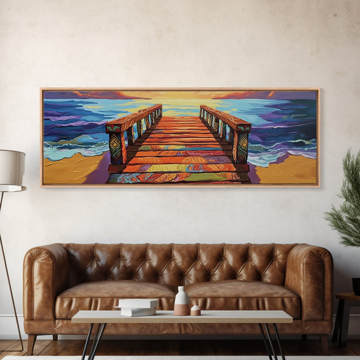 Colorful Pier, Sunset View, Ocean Dock, Serene Shoreline, Framed Canvas Print, Beach House Wall Art, Coastal Landscape Painting