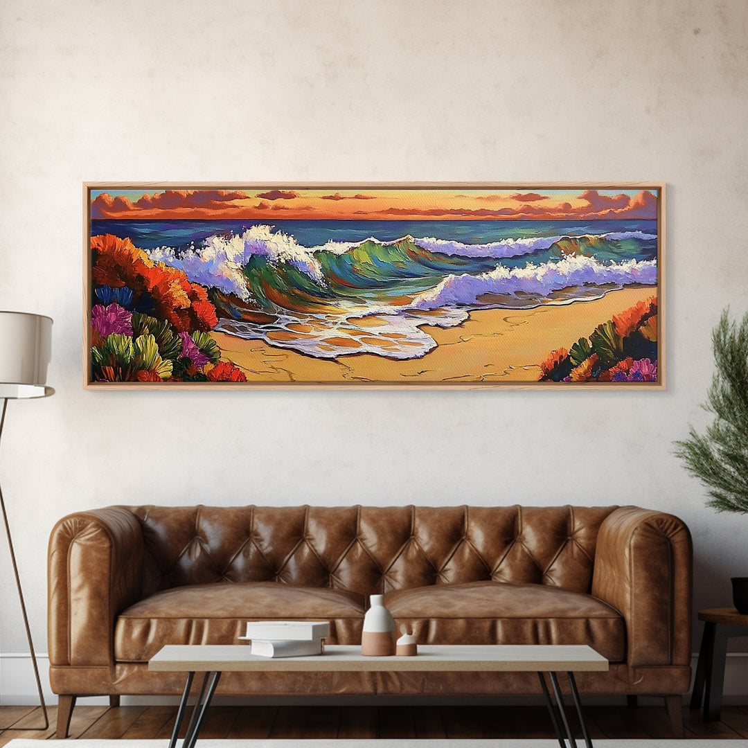 Ocean Curl, Autumn Surf, Sunset Beach, Floral Waves, Framed Canvas Print, Living Room Wall Art, Fall Coastal Painting, Bold Decor