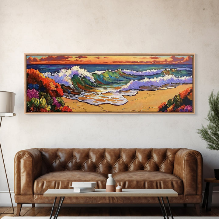 Ocean Curl, Autumn Surf, Sunset Beach, Floral Waves, Framed Canvas Print, Living Room Wall Art, Fall Coastal Painting, Bold Decor