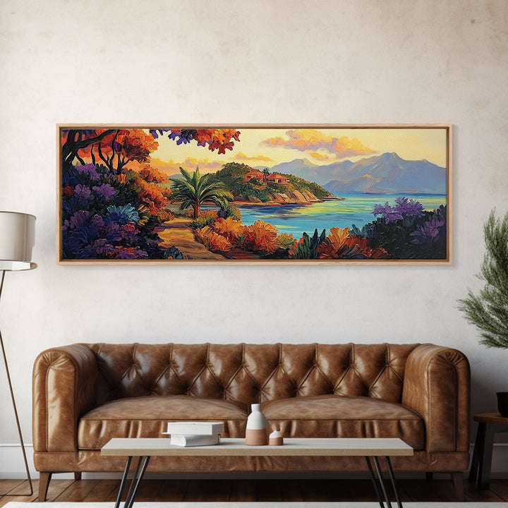 Island Retreat, Ocean View, Palm Trees, Colorful Foliage, Framed Canvas Print, tropical wall art, boho living room accent piece