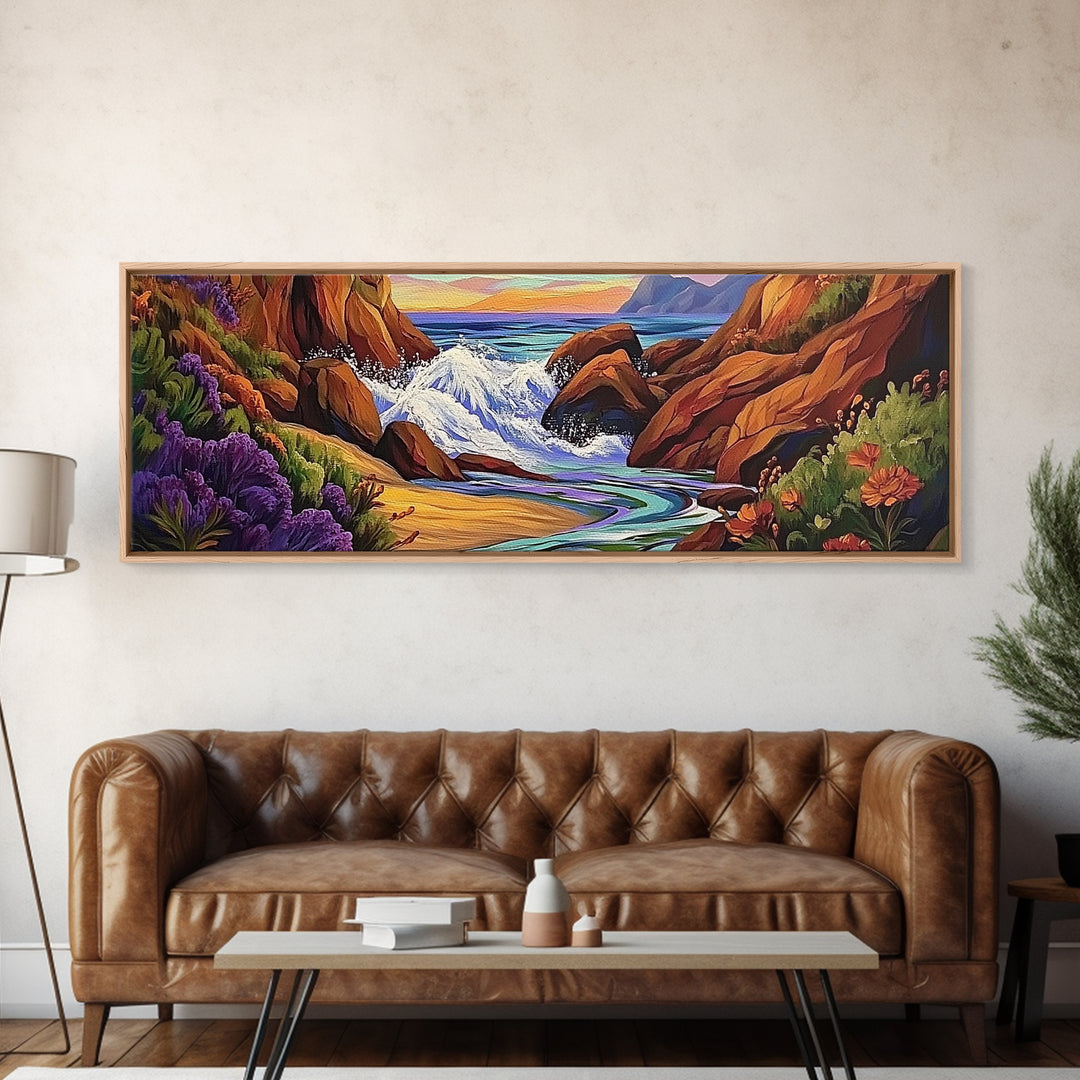 Rocky Shore, Ocean Splash, Sunset Cove, Botanical Scene, Framed Canvas Print, vibrant coastal wall art, beach bathroom decor, ocean vibe