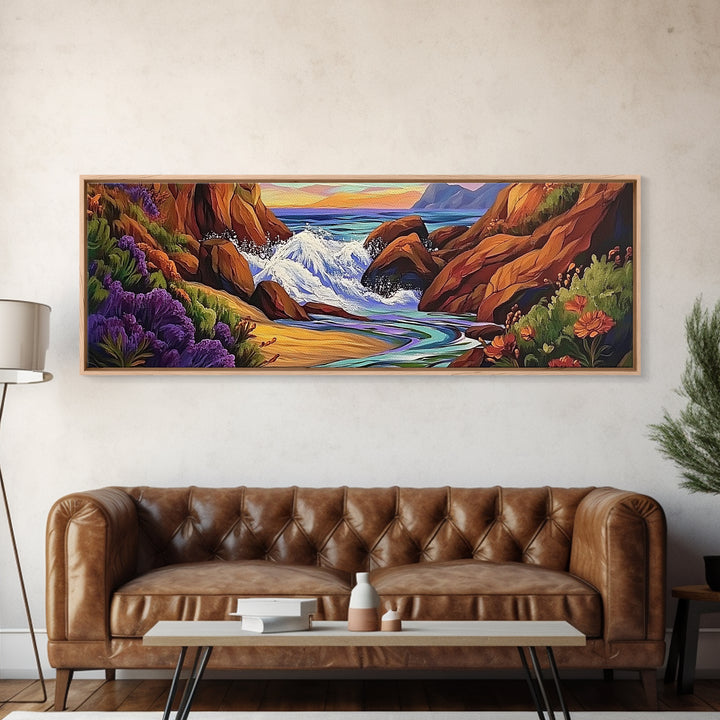 Rocky Shore, Ocean Splash, Sunset Cove, Botanical Scene, Framed Canvas Print, vibrant coastal wall art, beach bathroom decor, ocean vibe