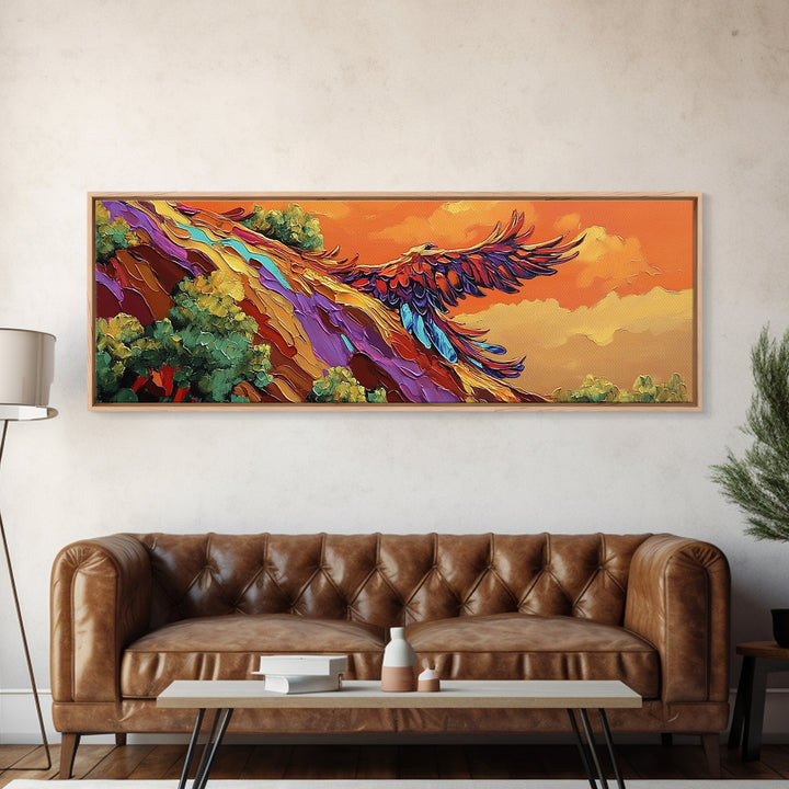 Phoenix Soar, Sunset Flight, Bold Nature, Uplifting Vibes, Framed Canvas Print, Boho Office Wall Art, Inspirational Bird Painting