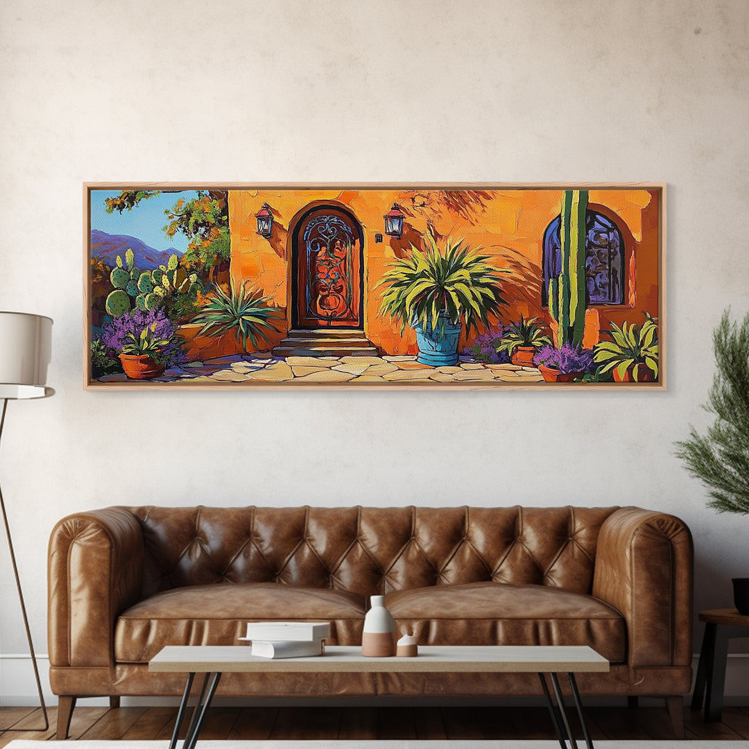 Desert Doorway, Cactus House, Warm Entryway, Framed Canvas Print, Southwest Wall Art, Rustic Kitchen Decor, Boho Style Exterior Scene