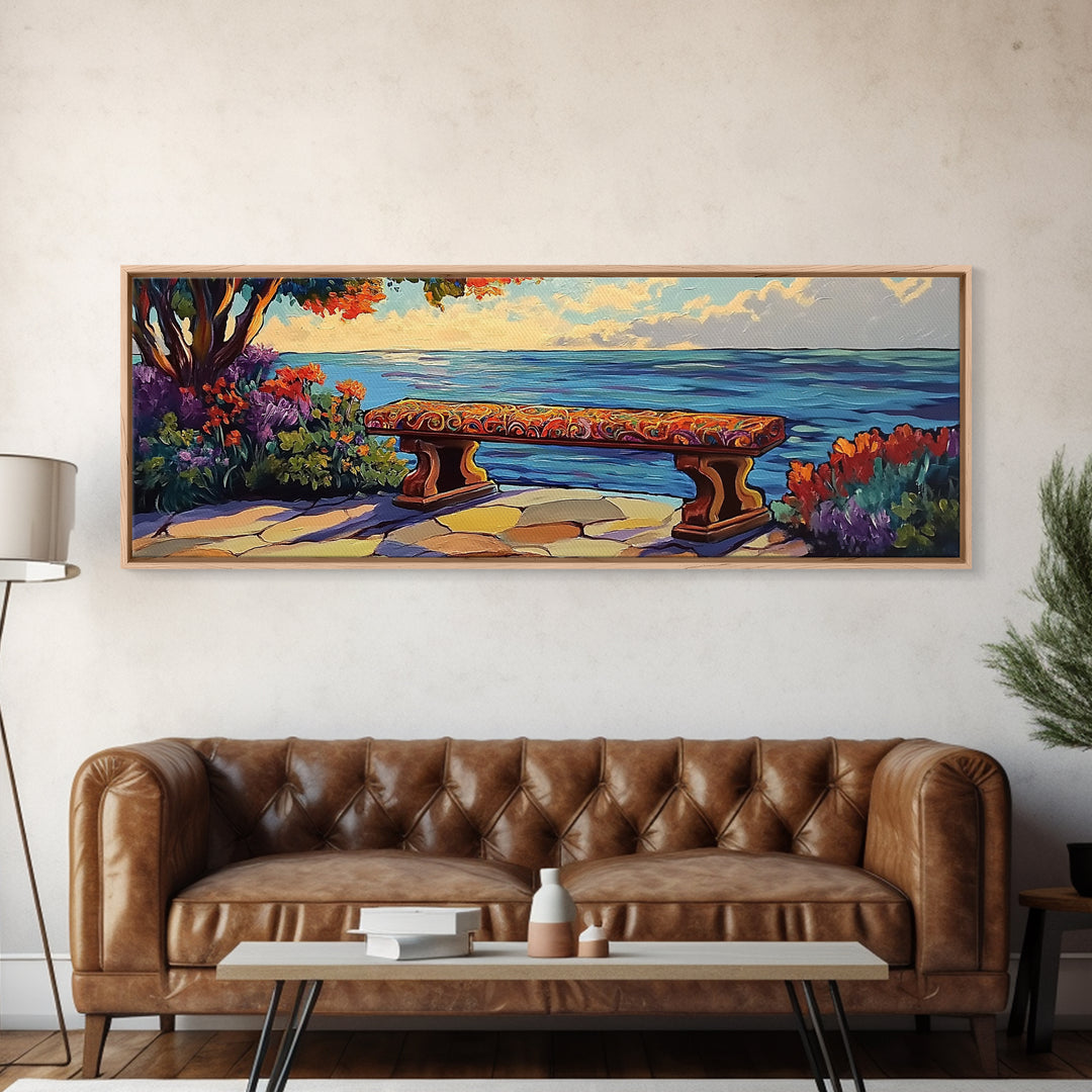 Ocean Bench Scene, Tranquil Moment, Sunset by Sea, Nature Retreat, Canvas Print, Beach House Decor, Impressionist Coastal Wall Art