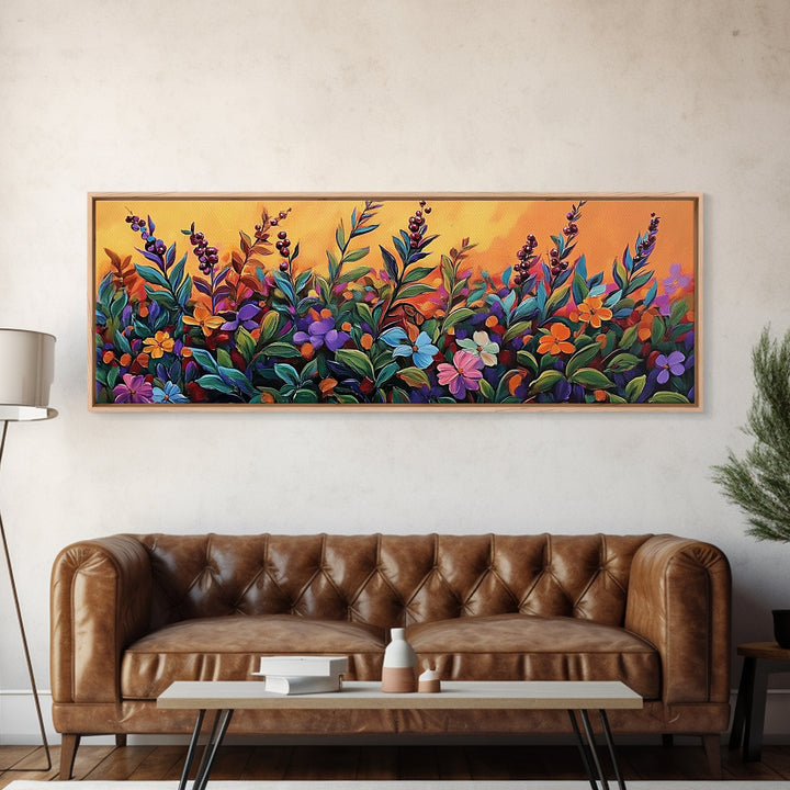 Autumn Garden Flowers, Orange Sky, Bold Leaves, Seasonal Blooms, Canvas Print, Fall Kitchen Wall Art, Botanical Color Pop