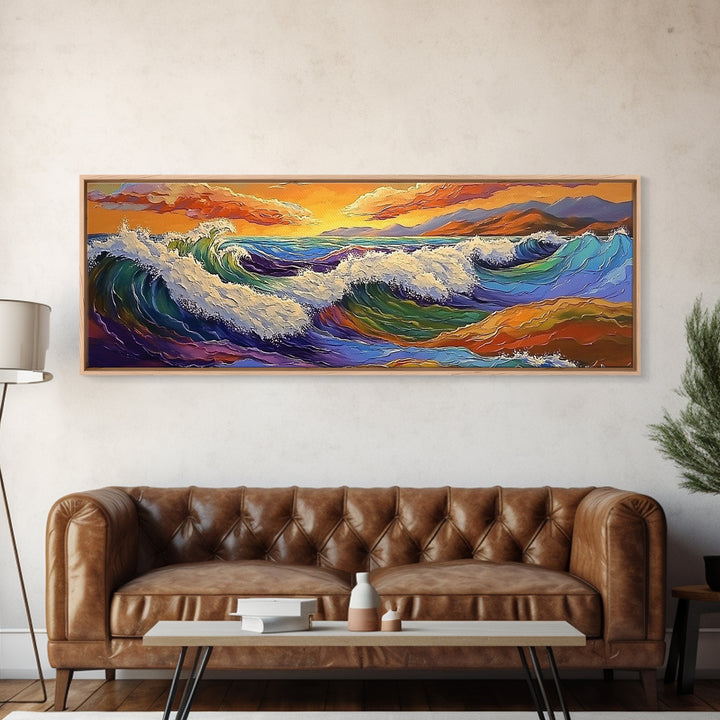 Crashing Waves, Vibrant Seascape, Ocean Energy, Coastal Sunset, Framed Canvas Print, Beach House Decor, Modern Nautical Art