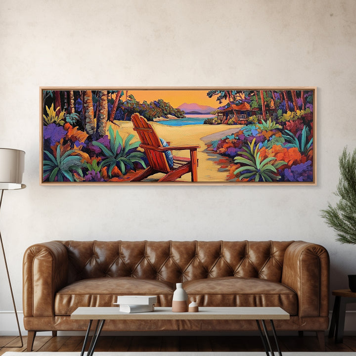 Peaceful Beach Chair, Vibrant Sunset Retreat, Tropical Escape Wall Art, Framed Canvas Print, Vacation Home Decor, Boho Island Artwork