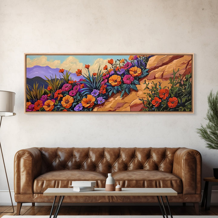 Coastal Flowers, Sunset Hillside, Wildflower Art, Framed Canvas Print, Vibrant Landscape Wall Decor, Living Room Boho Wall Art