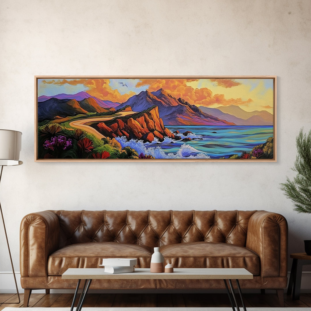 Cliffside Drive, Sunset Coast, Dramatic Ocean Scene, Framed Canvas Print, Coastal Wall Art, Office Accent Art, Bold Color Landscape