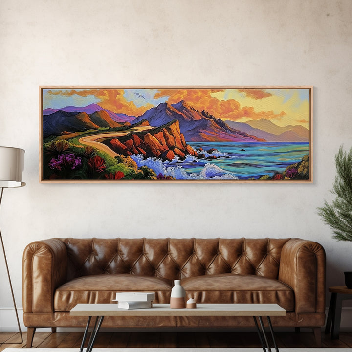 Cliffside Drive, Sunset Coast, Dramatic Ocean Scene, Framed Canvas Print, Coastal Wall Art, Office Accent Art, Bold Color Landscape