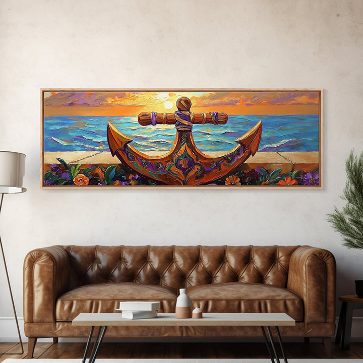 Anchor Seaside Art, Nautical Sunset, Framed Canvas Print, Coastal Home Decor, Ocean Lover Gift, Beach Living Room Wall Art