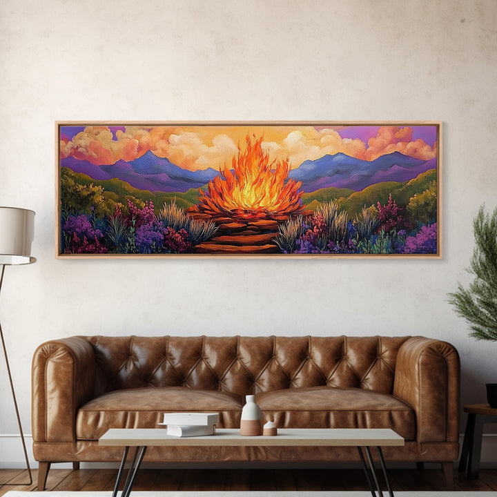 Dramatic Bonfire Night, Vibrant Flame in Hills, Scenic Nature Wall Art, Framed Canvas Print, Fall Lodge Decor, Rustic Landscape Artwork