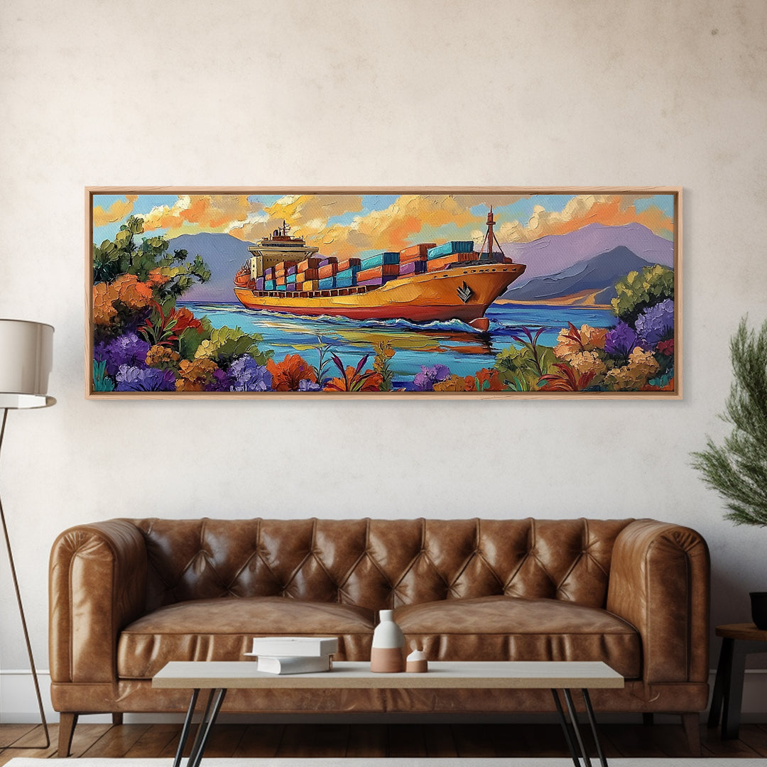 Coastal Cargo Ship, Vibrant Ocean Painting, Nautical Decor, Container Ship Art, Canvas Print, Modern Seascape, Office Wall Art, Boho Art