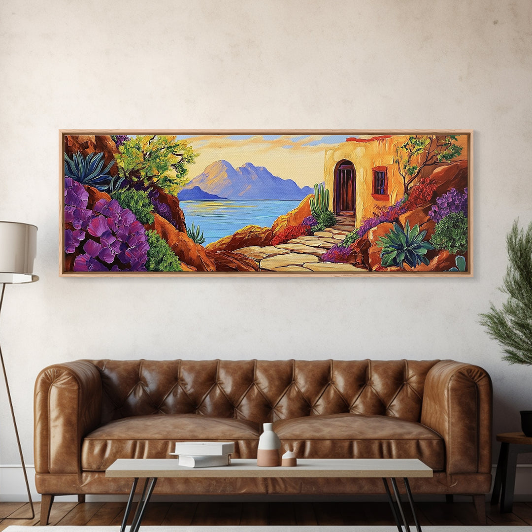 Adobe House View, Desert Coastal Path, Southwest Landscape, Mountain Ocean Art, Canvas Print, Kitchen Wall Art, Warm Boho Style