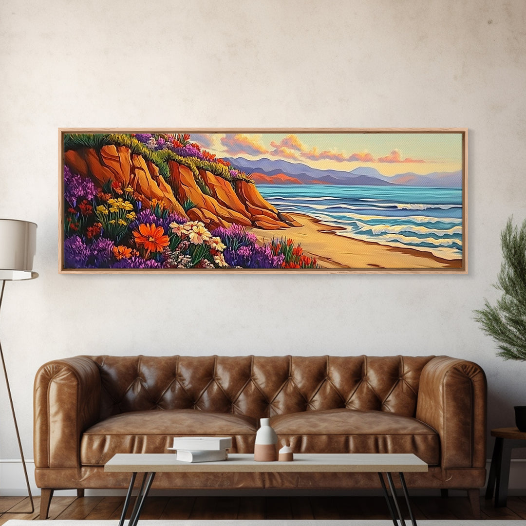 Cliffside Flowers, Ocean Waves, Sunset Coast, Canvas Print, Vibrant Coastal Wall Art, Bedroom or Bathroom Decor, Bohemian Beach Art