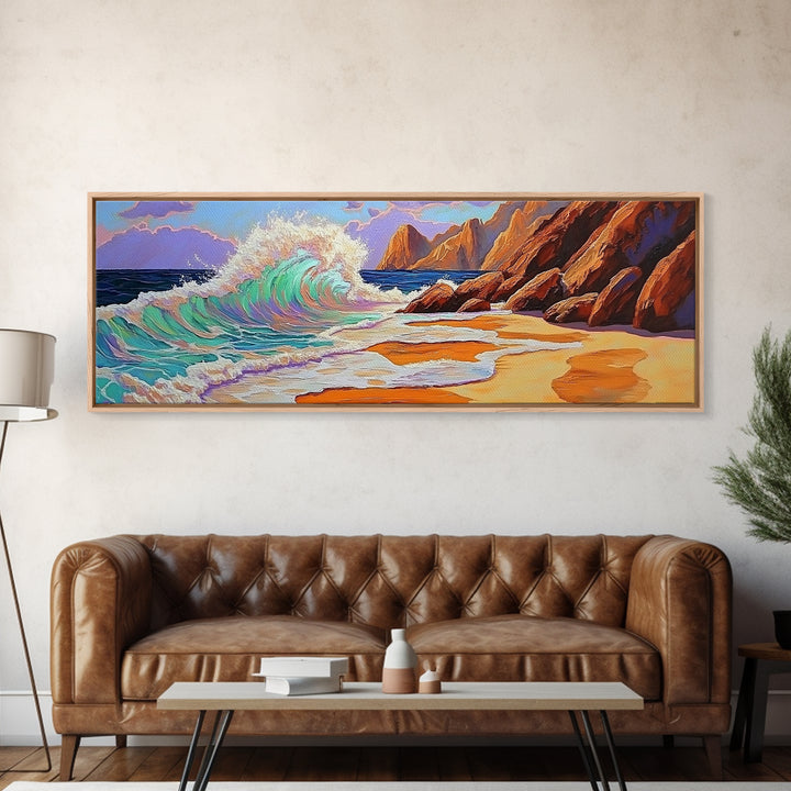 Crashing Wave, Coastal Shore, Sunset Beach, Framed Canvas Print, Ocean Wall Art, Beach Decor, Vibrant Surf Painting, Bathroom Art