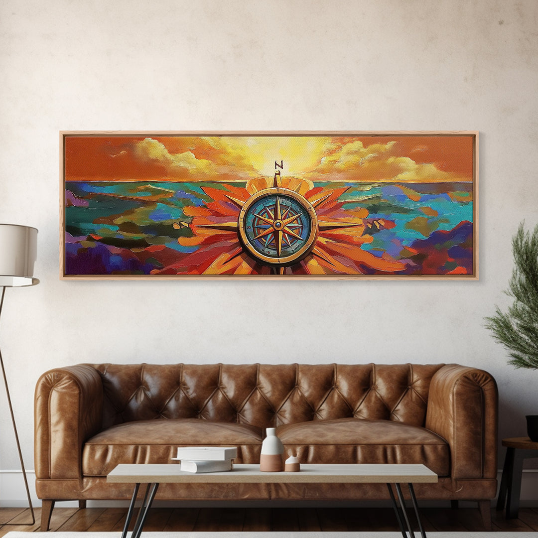 Compass Rose, Nautical Decor, Seafaring Art, Sunset Ocean, Framed Canvas Print, Beach House Art, Office Wall Art, Boho Travel Art