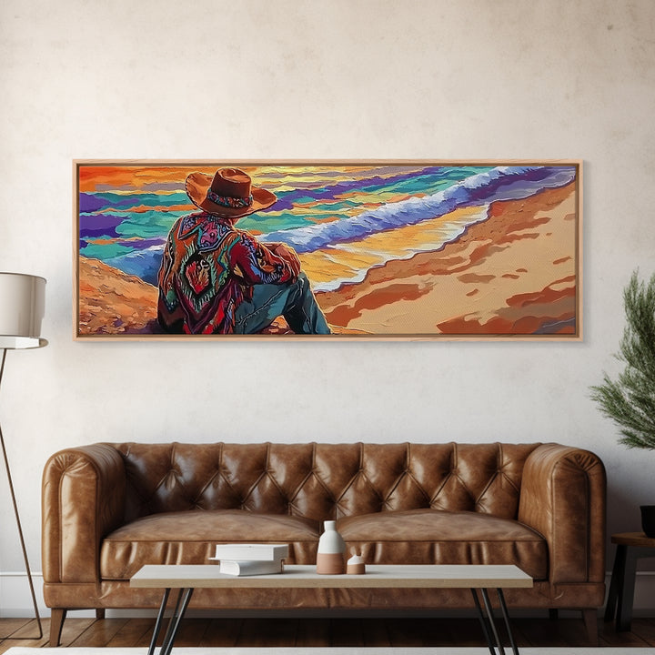 Coastal Cowboy, Ocean View, Serene Sunset, Western Art, Canvas Print, Living Room Wall Art, Southwestern Vibes, Beach Cowboy Scene