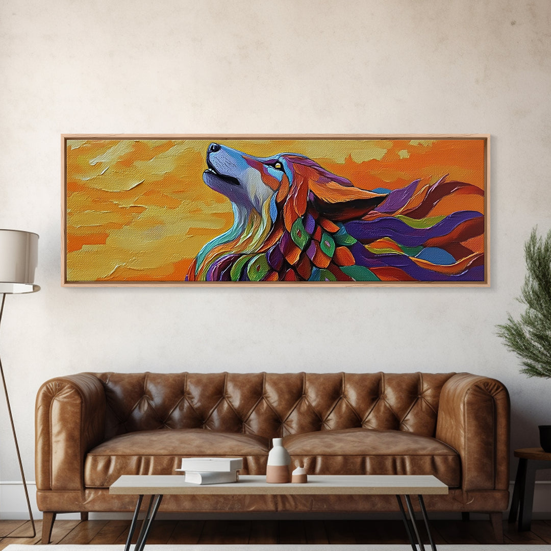 Colorful Wolf, Spirit Animal, Autumn Sky, Boho Vibes, Framed Canvas Print, Eclectic Wall Art, Bedroom Accent, Mystical Animal Painting