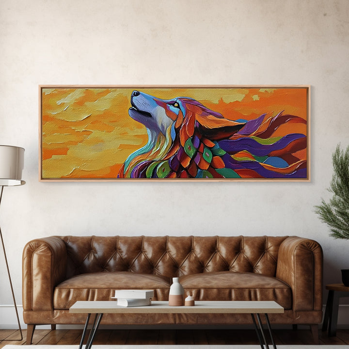 Colorful Wolf, Spirit Animal, Autumn Sky, Boho Vibes, Framed Canvas Print, Eclectic Wall Art, Bedroom Accent, Mystical Animal Painting