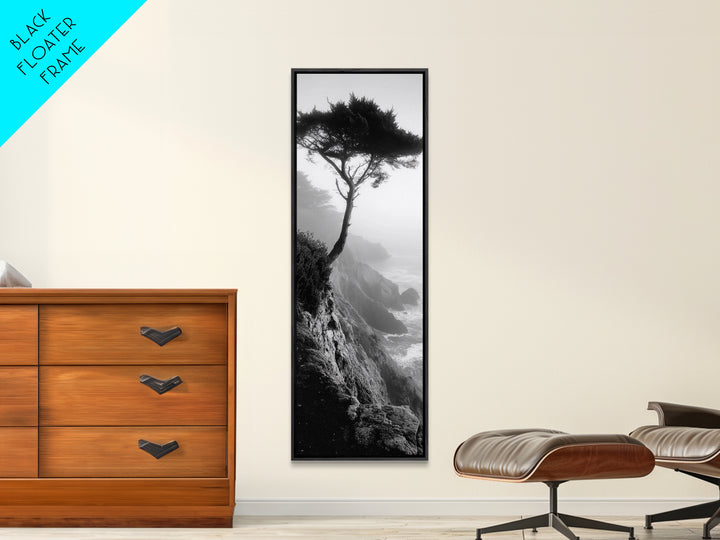 Coastal Tree, Cliff View, Ocean Mist, Moody Landscape, Canvas Print, Serene Bedroom Art, Monochrome Nature Photography Style