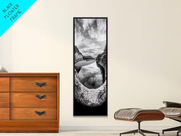 Black and White River, Forest Nature Scene, Reflection Wall Art, Framed Canvas Print, Neutral Landscape, Minimalist Bedroom Decor