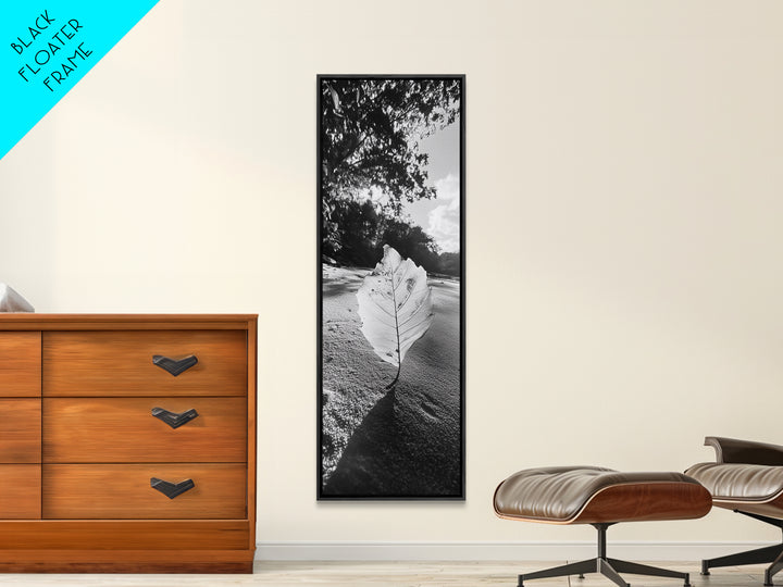 Autumn Leaf Beach, Fall Nature Scene, Minimal Wall Decor, Framed Canvas Print, Seasonal Bedroom Art, Black and White Photography