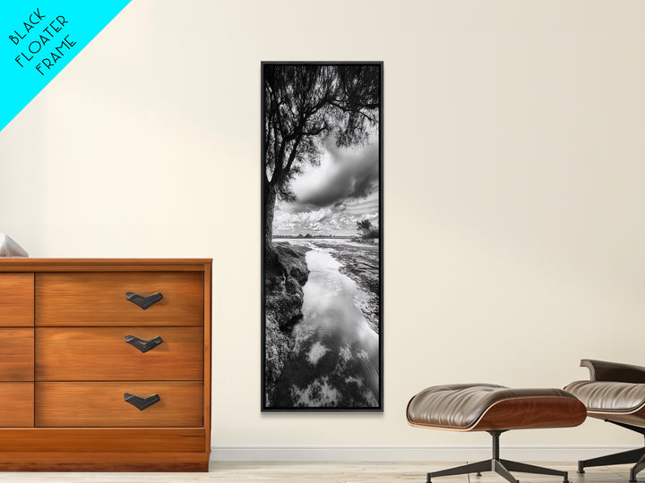 River Through Trees, Tranquil Forest Stream, Reflective Nature Art, Framed Canvas Print, Zen Living Room Wall Decor, Calm Scene