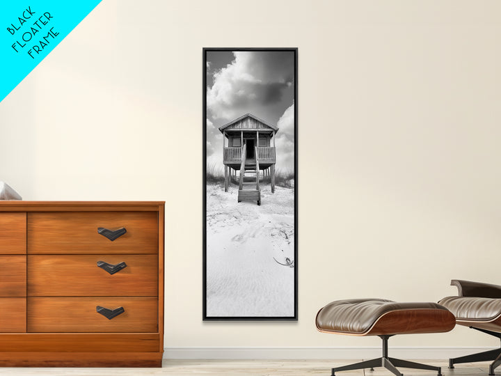 Beachfront Cabin, Rustic Shack, Seaside Simplicity, Cloudy Sky, Island Life, Framed Canvas Print, Entryway Wall Art, Coastal Farmhouse Decor