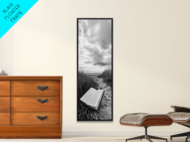Bible on Beach, Spiritual Escape, Coastal Tranquility, Nature Meditation, Canvas Print, Faith Wall Art, Office Decor, Minimalist Art