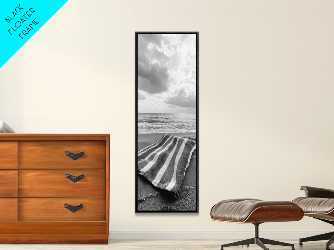 Beach Towel View, Ocean Breeze, Seaside Calm, Striped Blanket, Relaxation Mood, Framed Canvas Print, Bathroom Wall Art, Minimalist Coastal Art