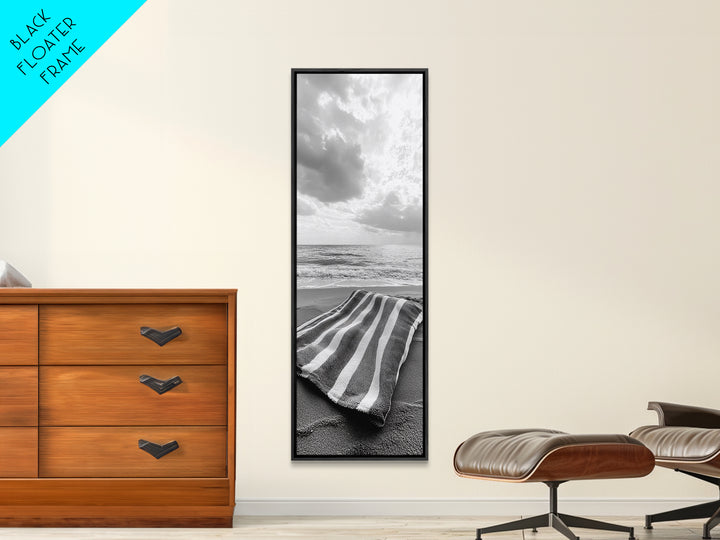 Beach Towel View, Ocean Breeze, Seaside Calm, Striped Blanket, Relaxation Mood, Framed Canvas Print, Bathroom Wall Art, Minimalist Coastal Art